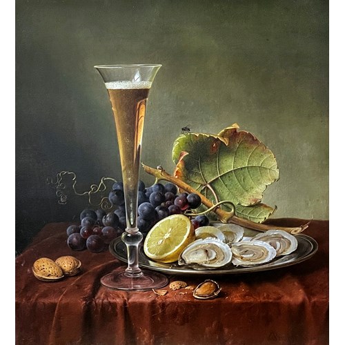 Still life with almonds, oysters, grapes and a Champagne flute